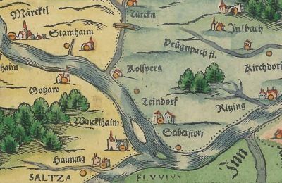 Schloss kaufen 84375 Kirchdorf am Inn, Hofmarkstraße 2, Bayern, Älterste bayrische Landkarte 16.Jh. mit Miniaturansicht des Schlosses